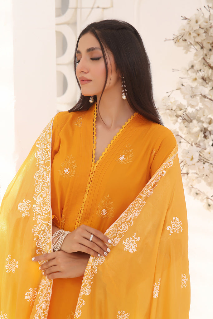 3 Piece Cotton Embroidered (Stitched) - Mari Gold