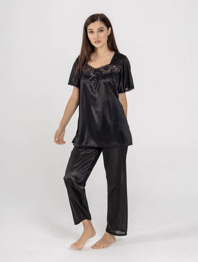 Ladies Womens Short Sleeve Satin Pyjama Set Print Top Shirt and Trouser  Bottoms | eBay