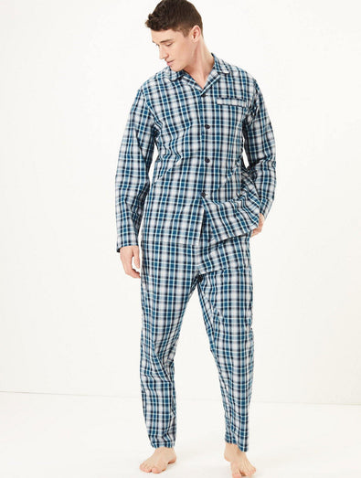 Men Navy & White Checks Pure Cotton Relaxed Fit Casual Night Suit