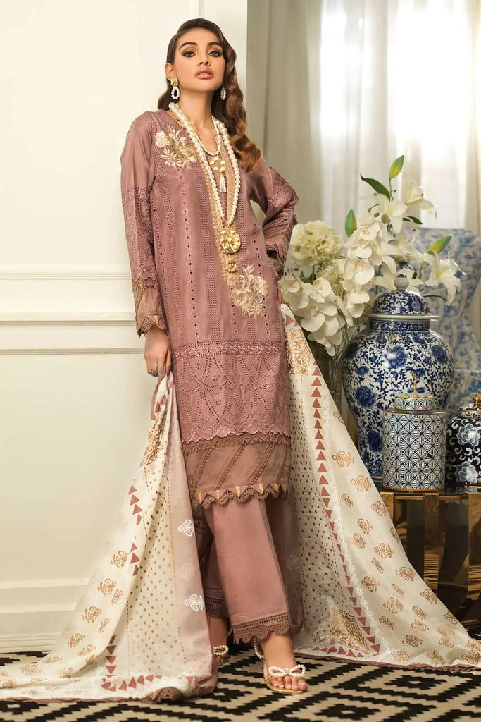 3PC Unstitched Schiffli Embroidered Lawn Suit with Gold and Lacquer Printed Dupatta DN-22044