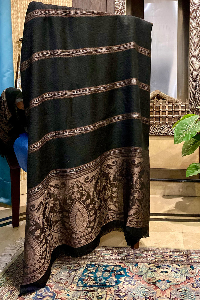Black wool shawl with dark copper zari – Saffana