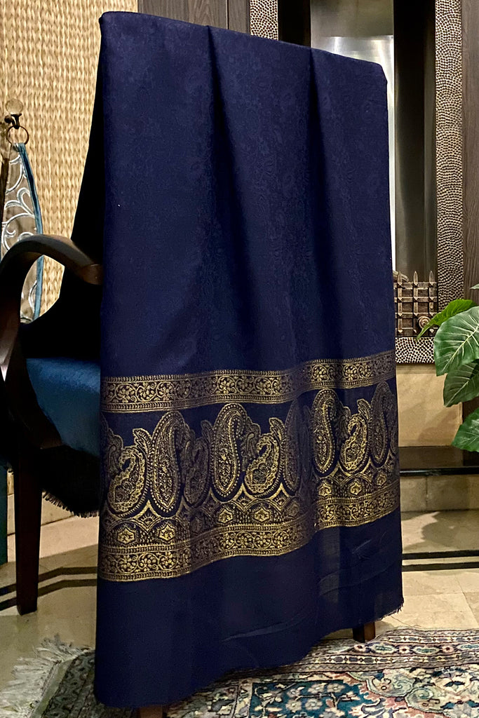 Navy blue wool shawl with zari border