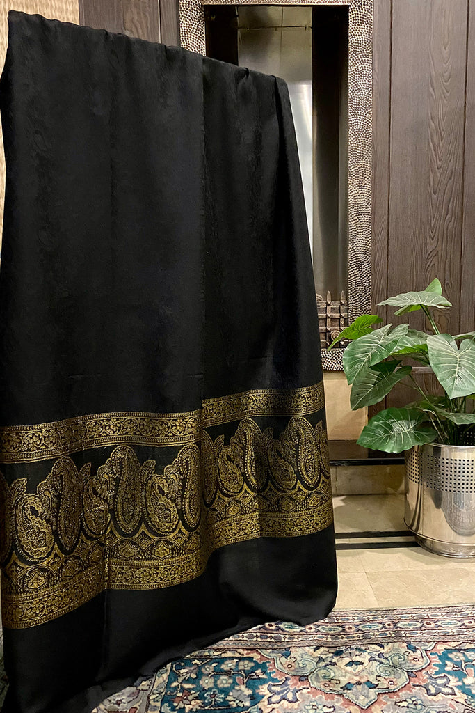 Black wool shawl with gold zari border