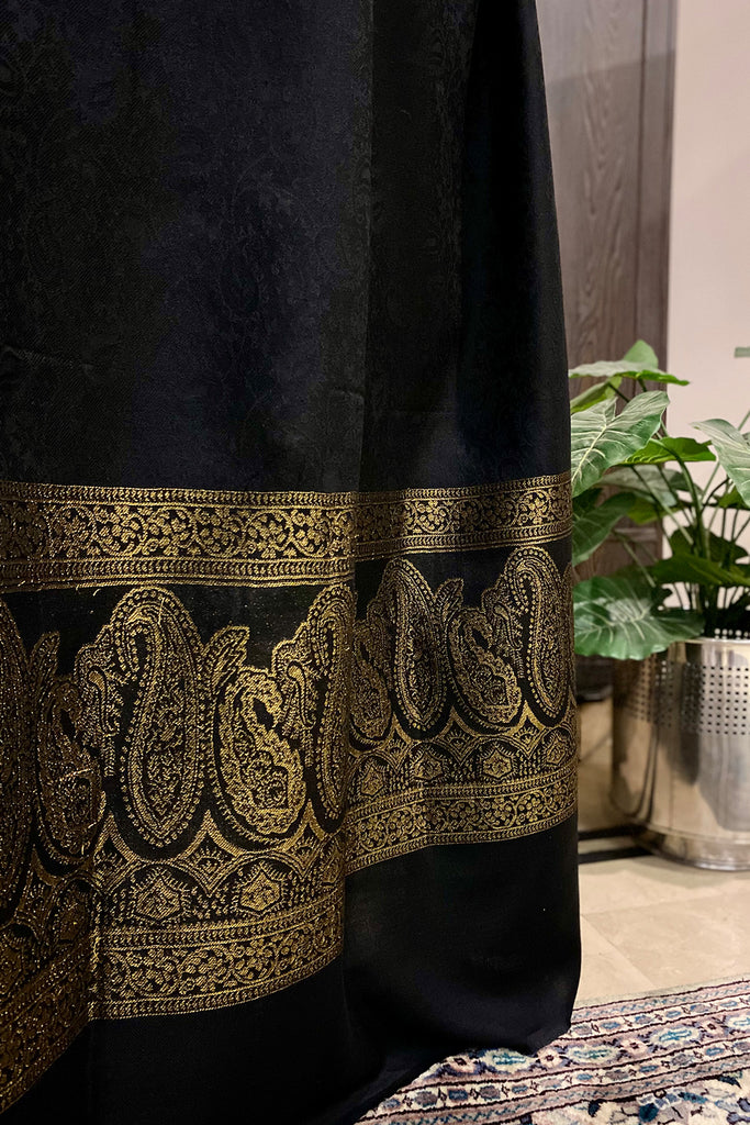 Black wool shawl with gold zari border