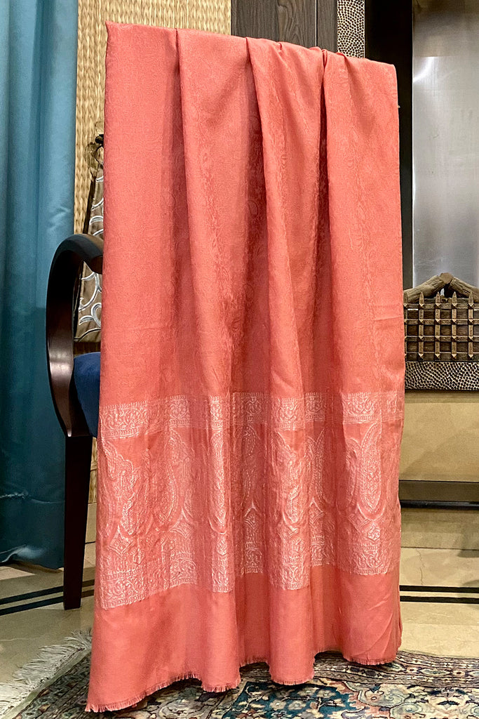 Pink coral wool shawl with zari border